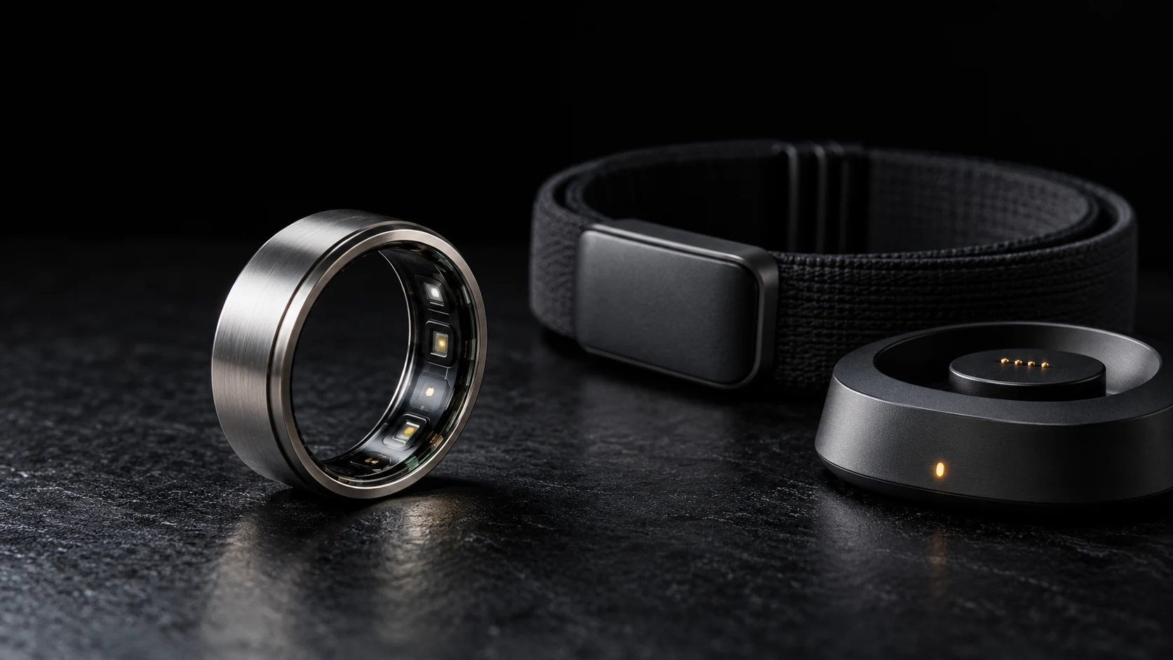 Titanium smart ring, recovery sensor band and charging hardware